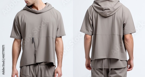 Front, back and side views of a male model in a gray sportswear, Male model wearing a deep ash color Hooded t-shirt on a White background, front view and back view, top section cropped, AI Generated