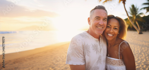 Attractive and happy middle aged interracial couple on vacation standing on sandy tropical beach at sunset, in love photo