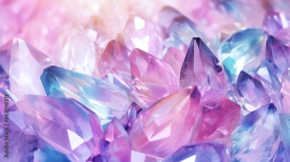 Closeup of shiny precious crystal stones in pink and purple colours, abstract background, shallow focus. Closeup of shiny precious crystal stones in pink and purple colours, abstract background, shallow focus.