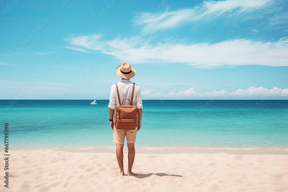 Man wearing straw hat and sunglasses standing on the beach looking at the sea, Male tourist standing in front of a sandy beach and watching the sea, rear view, full body, AI Generated Man wearing straw hat and sunglasses standing on the beach looking at the sea, Male tourist standing in front of a sandy beach and watching the sea, rear view, full body, AI Generated