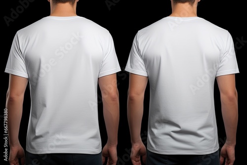 Blank white tshirt template on black background, front and back view, Male model wearing a white half sleeves tshirt on a Black background, front view and back view, top section cropped, AI Generated