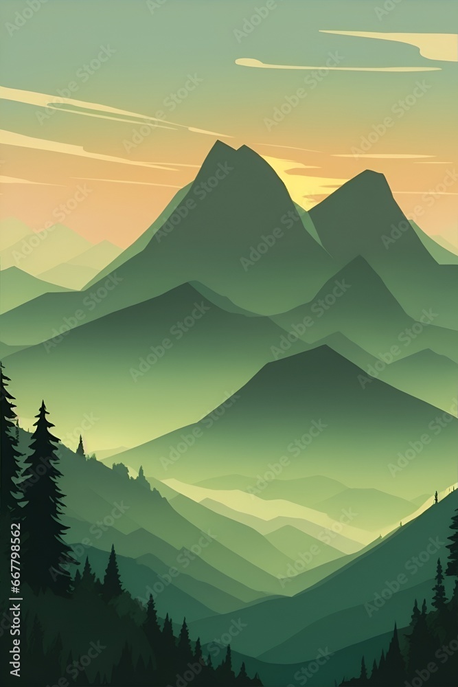 Misty mountains at sunset in green tone, vertical composition