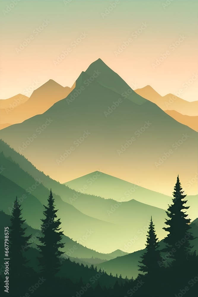 Misty mountains at sunset in green tone, vertical composition