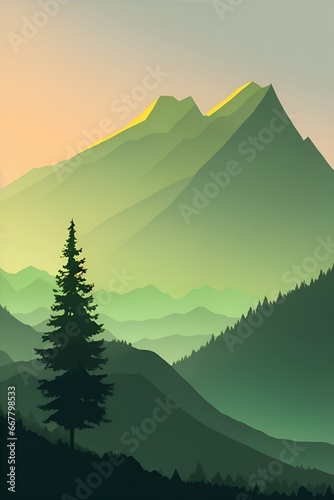 Misty mountains at sunset in green tone  vertical composition