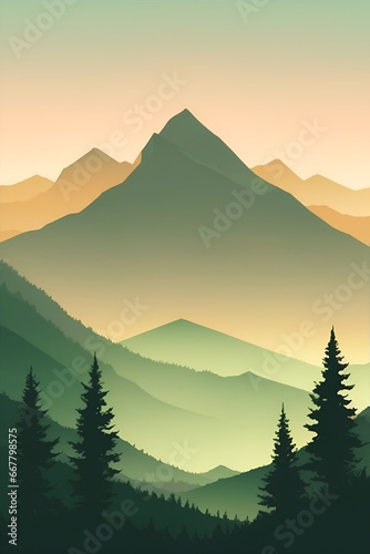 Misty mountains at sunset in green tone, vertical composition © Thanh