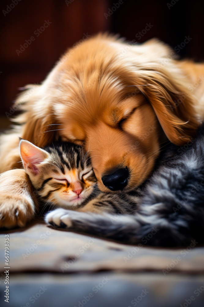 Cute portrait of a kitten with a puppy. Generative AI,