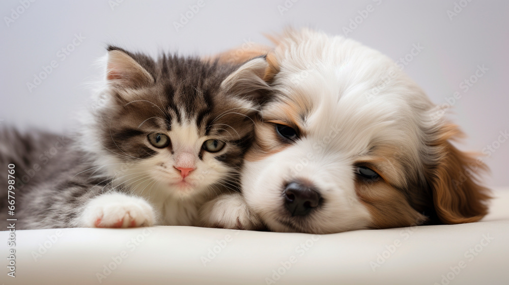 Cute portrait of a kitten with a puppy. Generative AI,