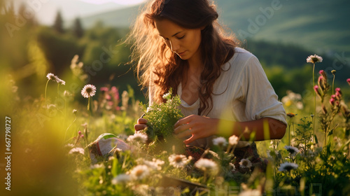 A woman collects medicinal herbs. Generative AI,