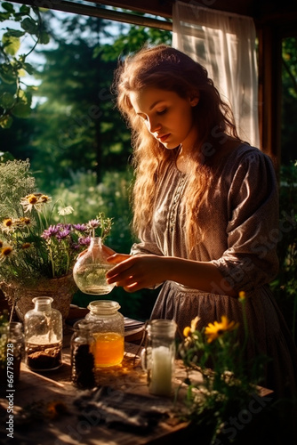 A woman collects medicinal herbs. Generative AI,
