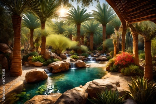 Illustrate an enchanting desert oasis where inviting benches are placed in harmony with a diverse collection of exotic plants, surrounding a tranquil water stream, all illuminated by the soft, enchant