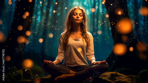 A woman in the lotus position in the forest does yoga and mindfulness exercises until she reaches nirvana. Generative AI,