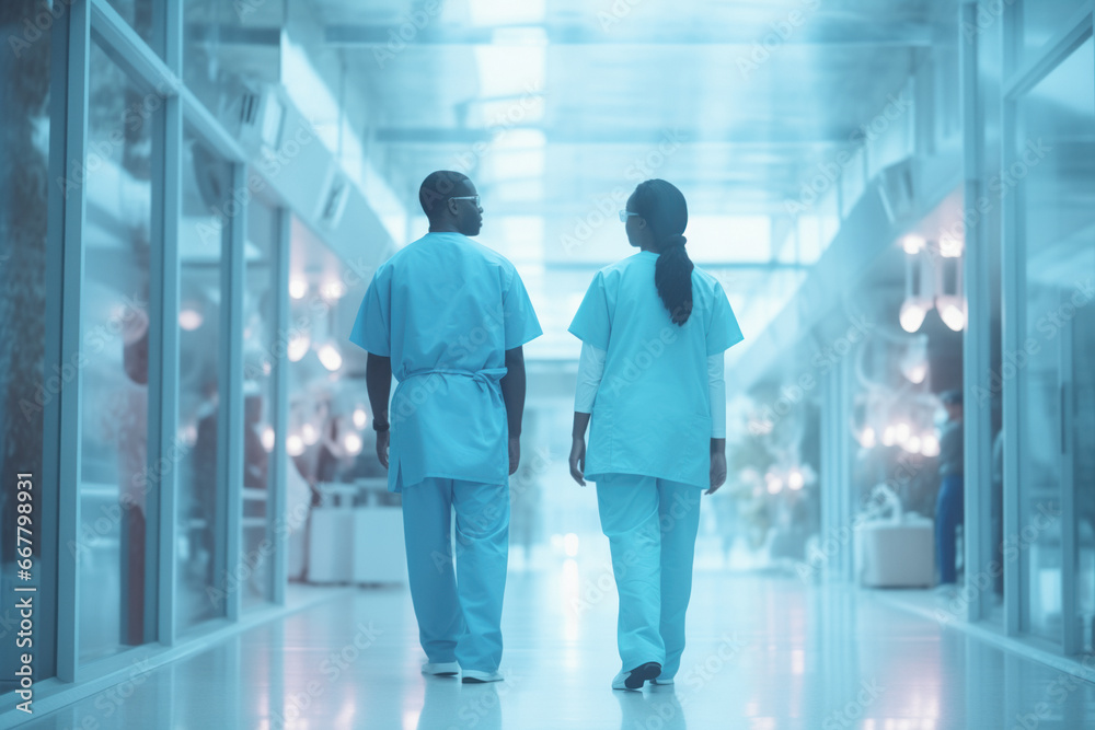 Two medical professionals in surgical scrubs walking down a lighted hospital corridor, symbolizing dedication and commitment to healthcare.