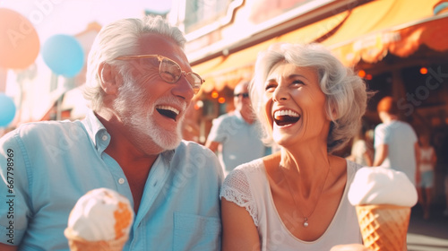 happy gray-haired elderly retired couple laughs, smiles in an amusement park during a festival. Generative AI, photo