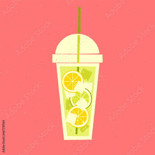 Mocktail with lime and lemon. Juicy soft drink with ice cubes. Vector illustration with texture and noise in retro style. Plastic glass with straw. Alcohol citrus tropical cocktail