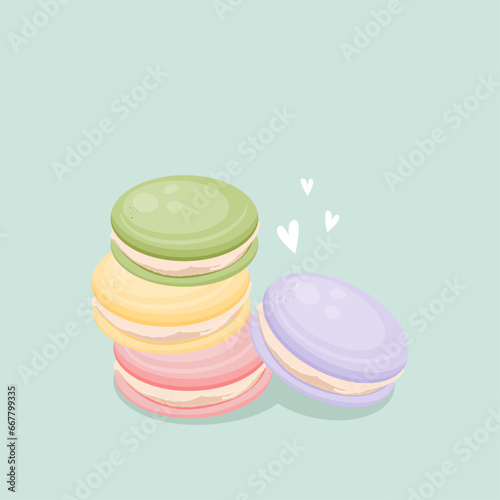 Cute yummy macarons vector illustration. Rose, yellow, green and purple
