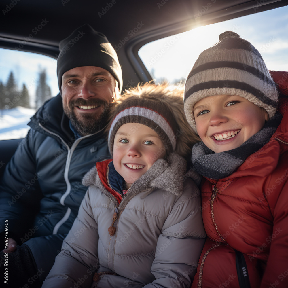 Smiling father with two kids, boy and girl, inside a car during winter, with sunlight snowy landscape outside the window