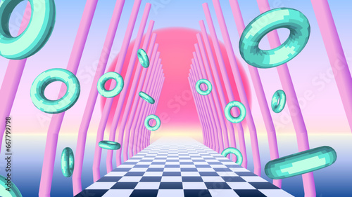 Vaporwave corridor of pillars with flying 3D donut shapes and sun in 90s style. Abstract surreal retro background for party poster or music cover.