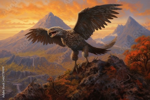 A majestic raptor soars above a dramatic terrain filled with volcanic elements. Generative AI
