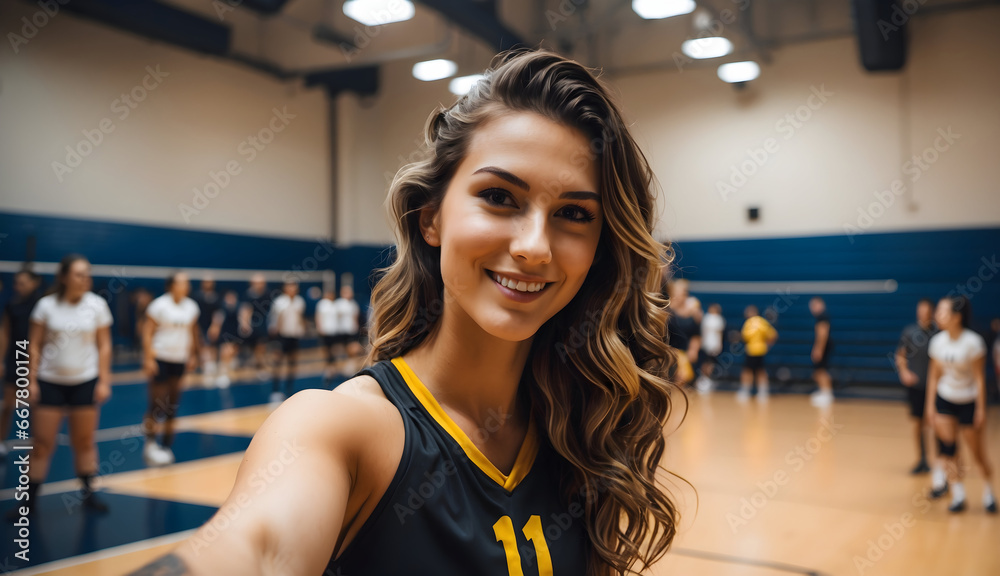 a volleyball player takes a selfie in the gym a volleyball player takes a selfie in the gym