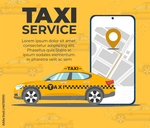 Ordering taxi car, rent and sharing using service mobile application. Vector illustration.