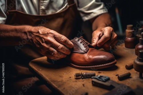 An elderly shoemaker repairing leather shoes. Close-up photo of the shoemaker at work. Master cobbler repairing footwear.