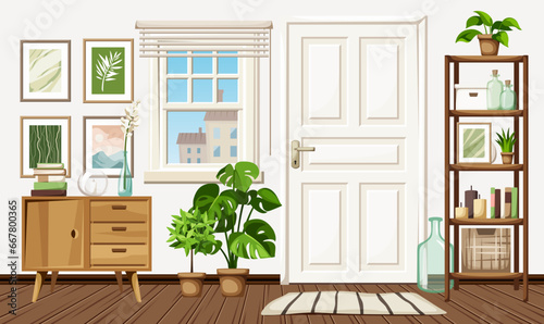 Entrance hall interior design with a white door, a window, a shelving, and houseplants. Cartoon vector illustration