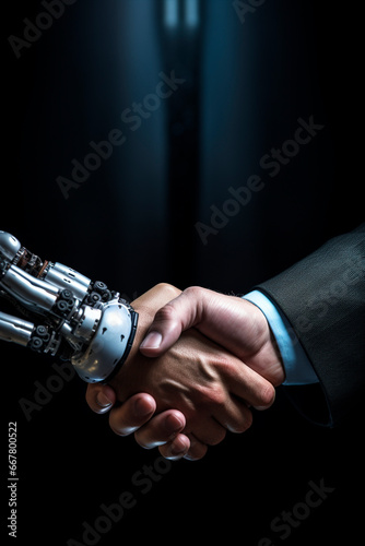 Robot and man shake hands. Generative AI,