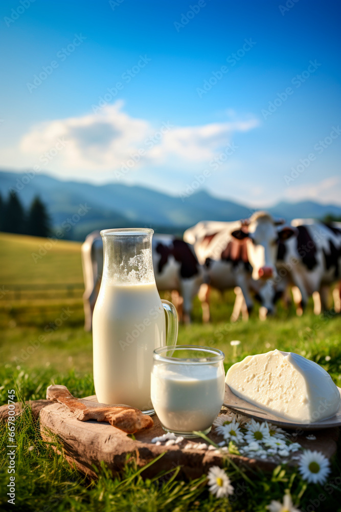 Milk and dairy products against the backdrop of a meadow with grazing cows. Generative AI,