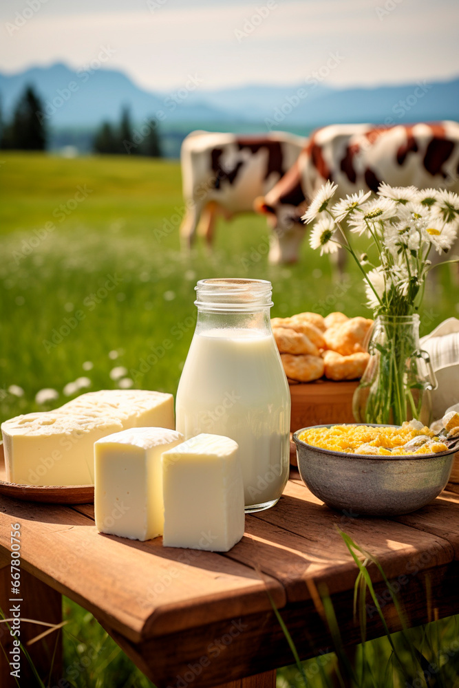 Milk and dairy products against the backdrop of a meadow with grazing cows. Generative AI, Milk and dairy products against the backdrop of a meadow with grazing cows. Generative AI,