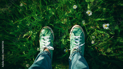 Child feet on the grass. Generative AI,