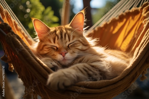 Relaxed feline lounging in a sunlit hammock. Summer afternoon. Nature beauty. Design for greeting card, banner, or wallpaper