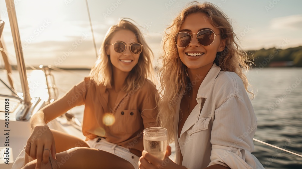 Two beautiful women are relaxing on a boat