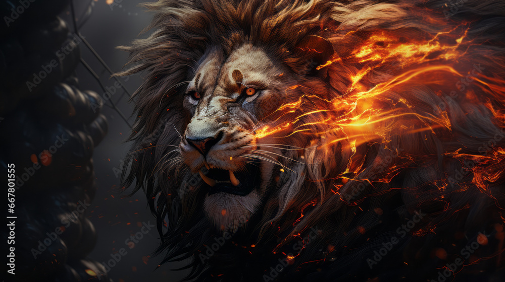 Dramatic image of a lion with fiery mane and glowing eyes, set against a dark, smoky background, depicting power and intensity Dramatic image of a lion with fiery mane and glowing eyes, set against a dark, smoky background, depicting power and intensity