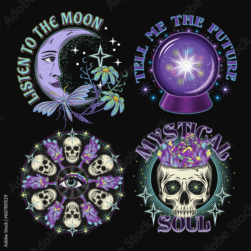 Set of labels with magic crystal ball, moon, human skull, text. Surreal, mystic, occult concept. For clothing, apparel, T-shirts, surface decoration. Vintage style illustration on black background