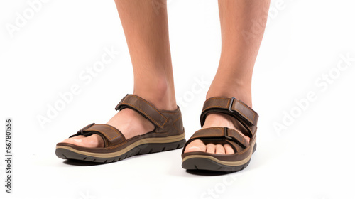 Close-up of a person's feet wearing brown leather strap sandals against a white background, showcasing modern footwear