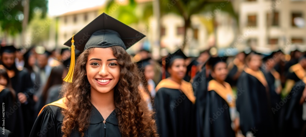 Obraz premium Portrait of a smiling female graduate in cap and gown looking at camera against the background of university graduates. Education, goal or university, opy space for text