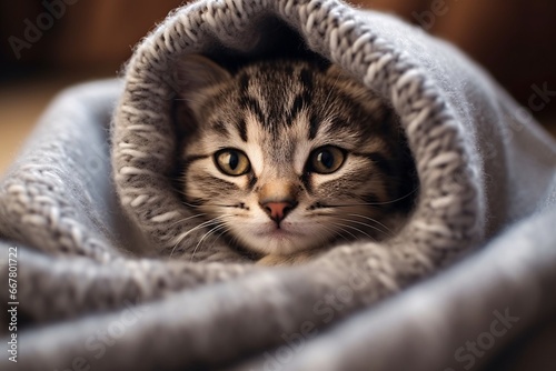 Kitten wrapped snugly in soft gray blanket. Cozy winter moments. Cute feline. Design for greeting card, banner, poster