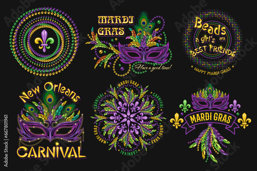 Slika na platnu Set of 6 colorful labels with text for carnival Mardi Gras decoration in vintage style on black background
