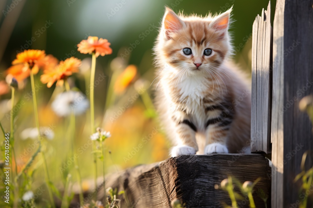 Kitten perched on a wooden beam amidst vibrant flowers with sunlight. Summer nature concept. Cute feline. Suitable for a calendar, banner, or wallpaper with copy space for text