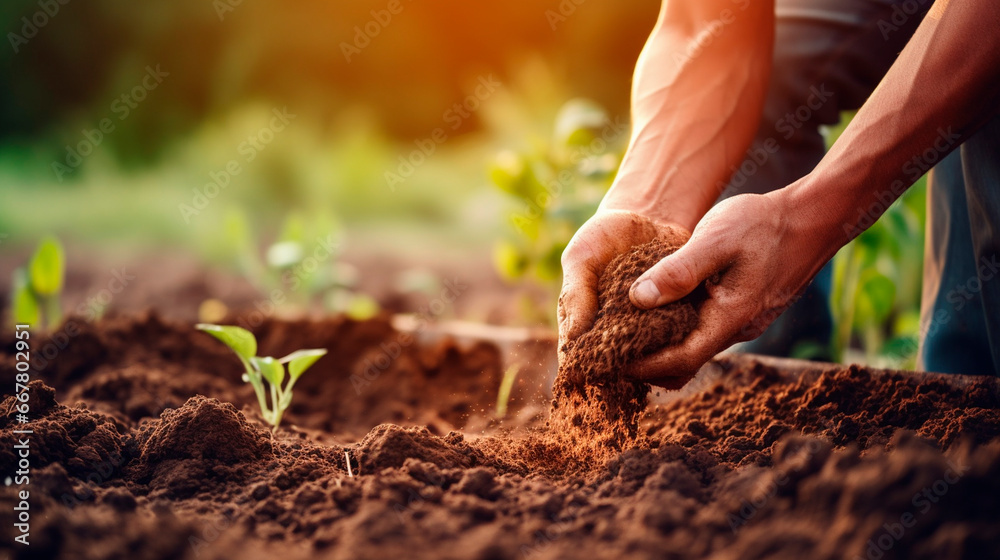 Farmer plants seeds in the garden. Generative AI, Farmer plants seeds in the garden. Generative AI,