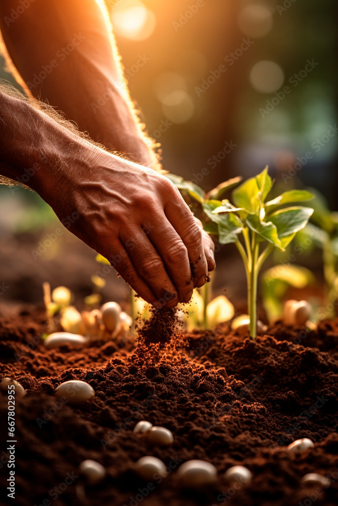 Fototapeta premium Farmer plants seeds in the garden. Generative AI,