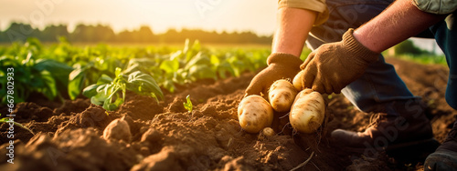 Potato harvest in the hands of a farmer. Generative AI, photo