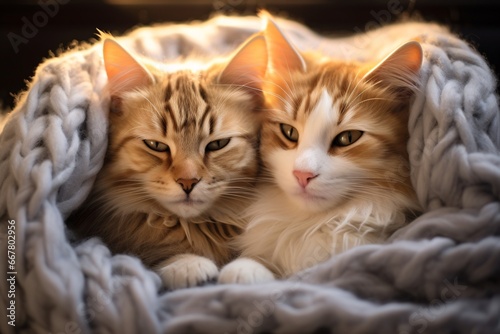 Adorable cats nestled in cozy blanket. Warm and comfy moments. Cute pets photo. Design for winter greeting card, banner, print © dreamdes