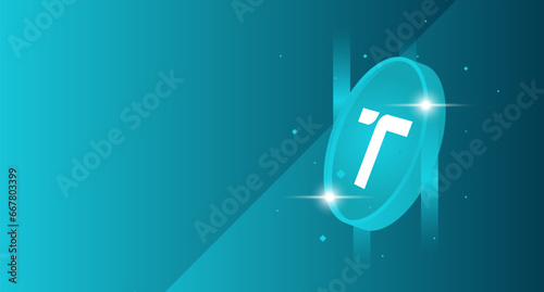 A modern crypto coin. Banner template with electronic coin, bright glare. Horizontal position. Empty space to insert text and logo