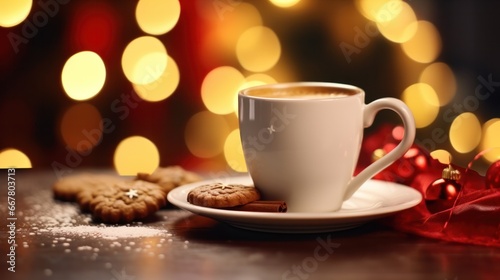 Christmas Breakfast Delight: Hot Cup of Coffee on Snowy Background with Ai and Tea Selection