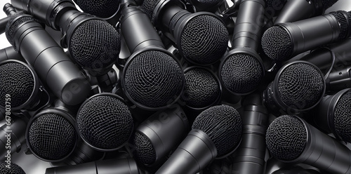Singer's microphone. many reporters holding microphones for interviews.