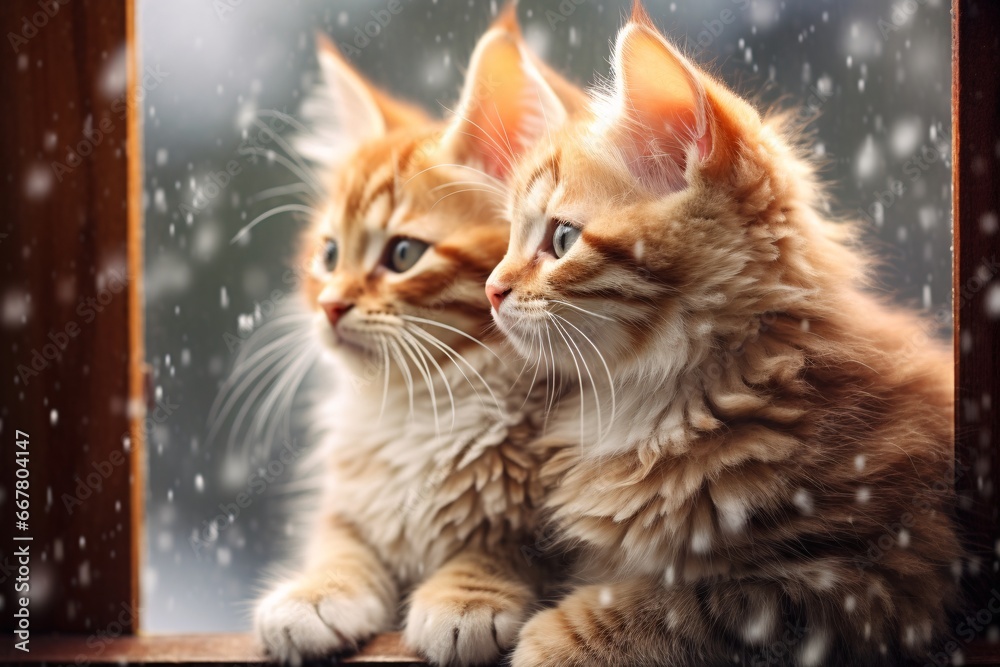 Twin kittens gazing through snowy window. Cute felines. Christmas holidays and New Year concept. Design for greeting cards, advertising banner, print with copy space for text