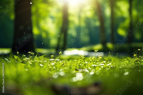 Idyllic Summer Serenity A Perfect Natural Landscape with Defocused Green Forest Trees, Wild Grass, and Sun Beams. created with Generative AI