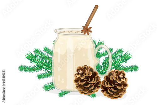 Eggnog, fir cone and twig on white background. Winter drink and christmas decoration.Pine branch and glass of eggnog with cinnamon stick.Cocktail with milk, cinnamon and clove star.Vector illustration