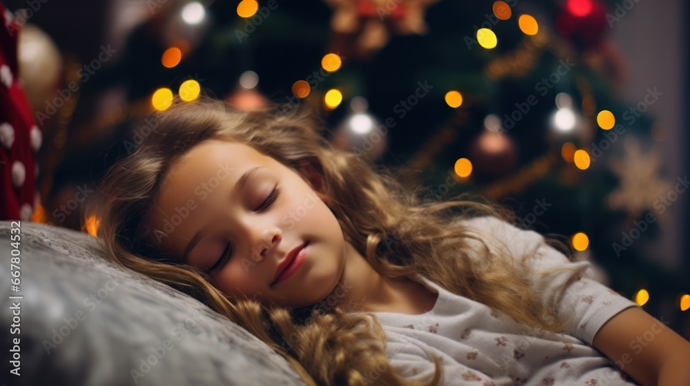 Cozy Christmas Nap: Little Girl Snuggled under Twinkling Tree Lights Cozy Christmas Nap: Little Girl Snuggled under Twinkling Tree Lights